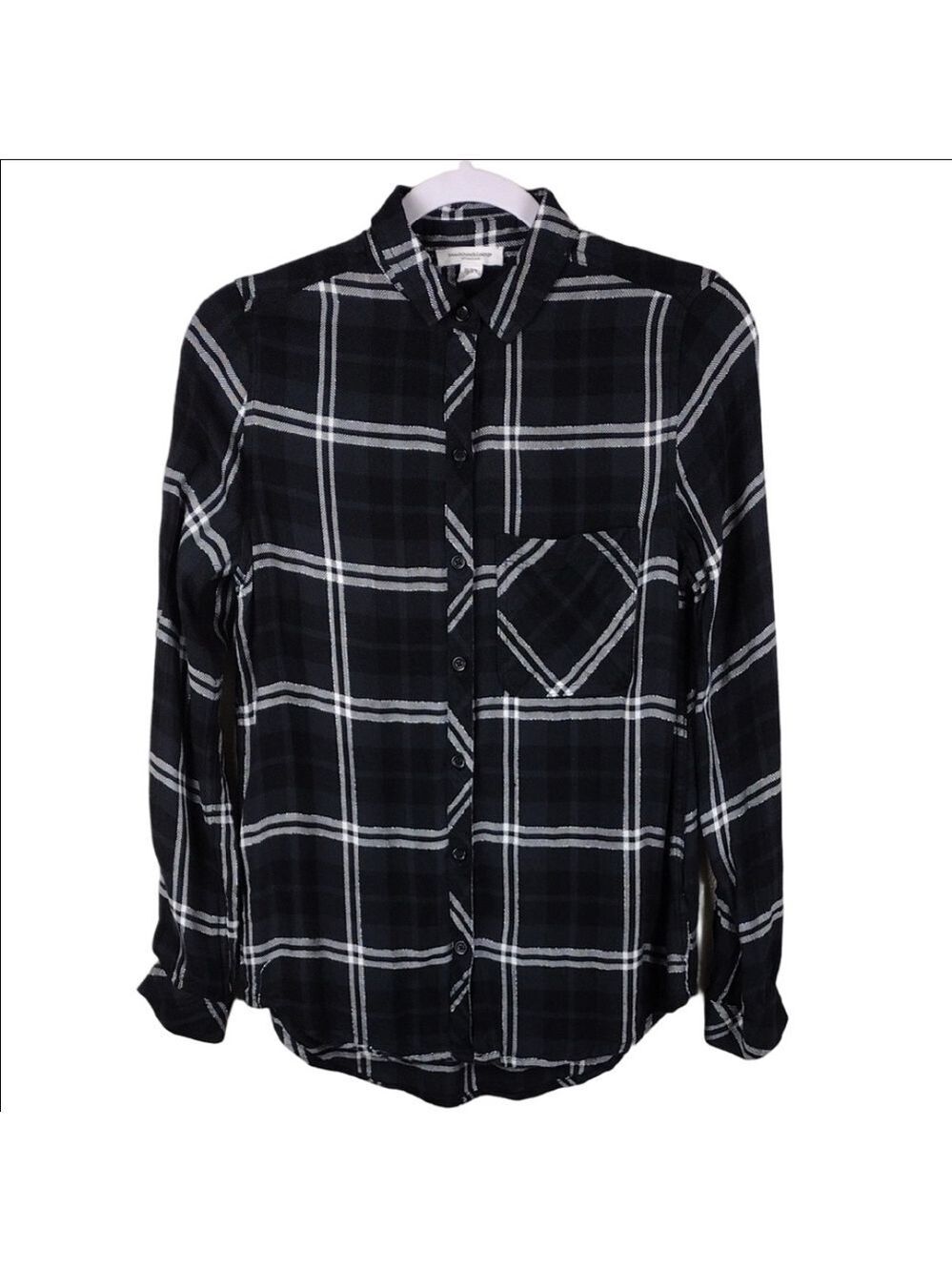 Beach Lunch Lounge Black Metallic Thread Plaid Long Sleeve Button Down Shirt